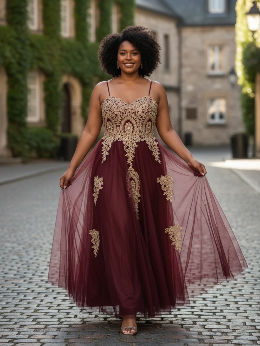 Elegant Burgundy Tulle Prom Dress with Gold Appliqué. Junior Size 9